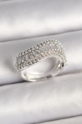 Pirinç Gümüş Renk Su Yolu Zirkon Dalga Model Ayarlanabilir Kadın Yüzük - TJ-BYK3692