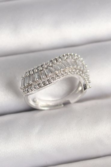 Pirinç Gümüş Renk Su Yolu Zirkon Dalga Model Ayarlanabilir Kadın Yüzük - TJ-BYK3692