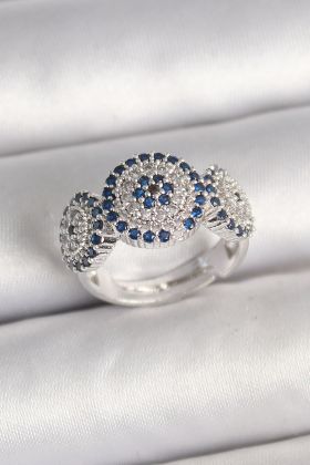 Pirinç Gümüş Renk Zirkon Taşlı Nazar Boncuk Model Ayarlanabilir Kadın Yüzük - TJ-BYK3699