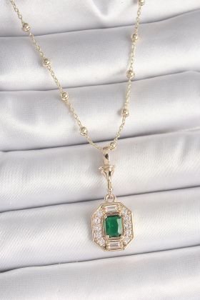 Pirinç Gold Renk Zirkon Taşlı Topçuk Zincir Serenay Model Kadın Kolye - TJ-BKO9902