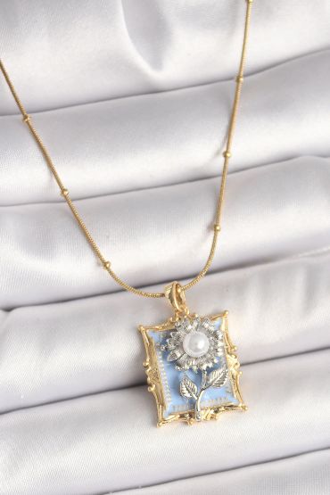 316L Çelik Gold Renk Zincir Gümüş İncili Gül Mavi Portre Model Kadın Kolye - TJ-BKO9905