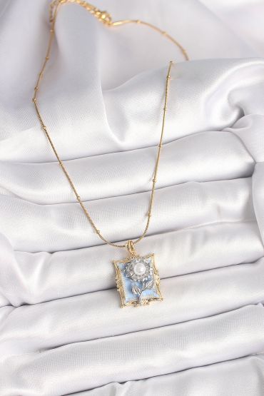 316L Çelik Gold Renk Zincir Gümüş İncili Gül Mavi Portre Model Kadın Kolye - TJ-BKO9905
