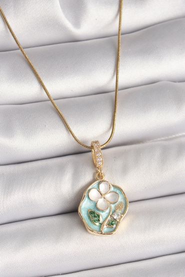 316L Çelik Gold Renk Zincir Zirkon Taşlı Beyaz Yonca İşlemeli Mavi Portre Model Kadın Kolye - TJ-BKO9909