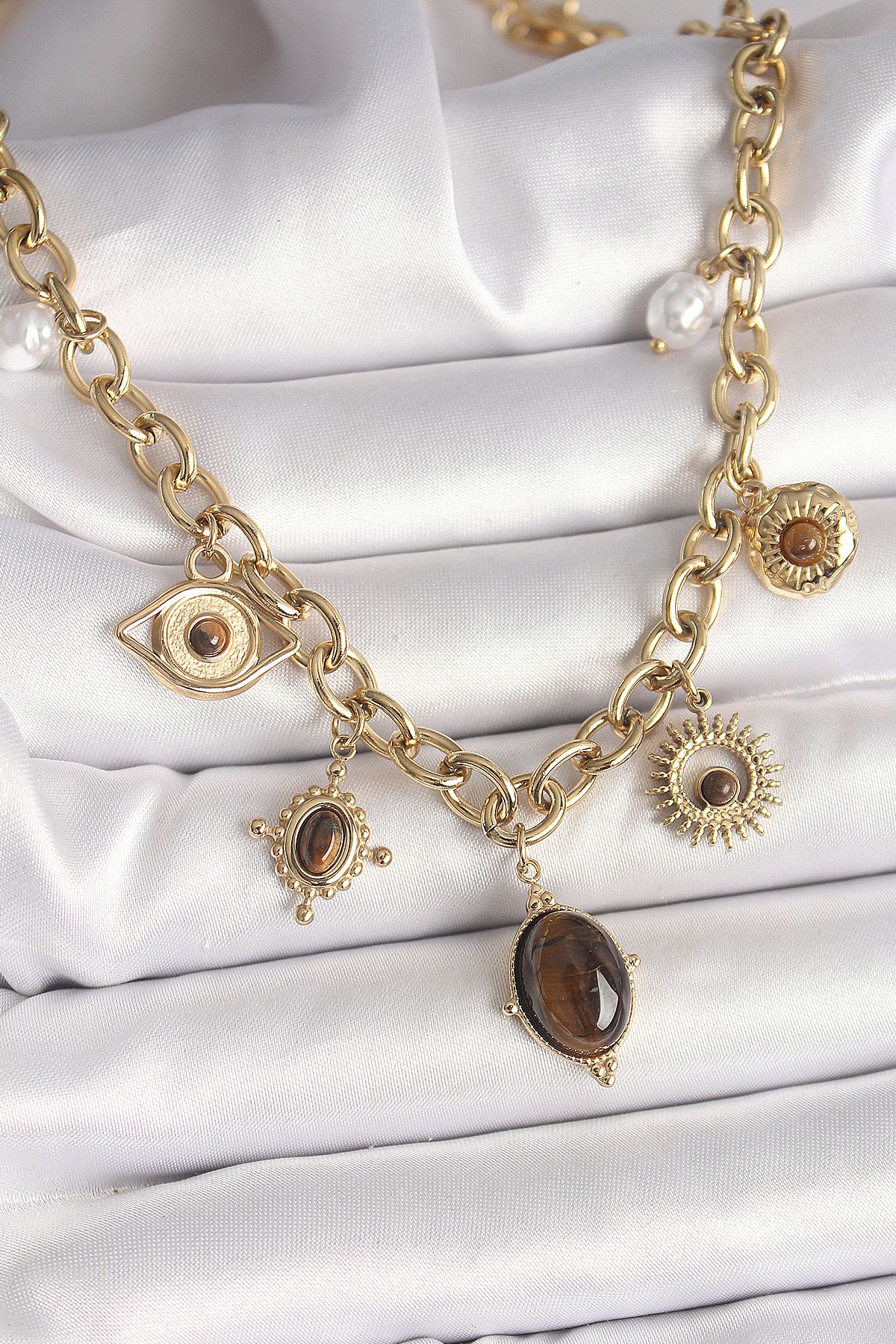 316L Çelik Gold Renk Kaplan Göz Taşlı Göz Figür Kadın Kolye - TJ-BKO9910