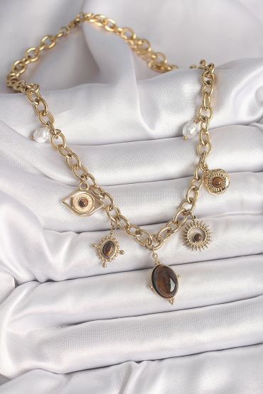 316L Çelik Gold Renk Kaplan Göz Taşlı Göz Figür Kadın Kolye - TJ-BKO9910