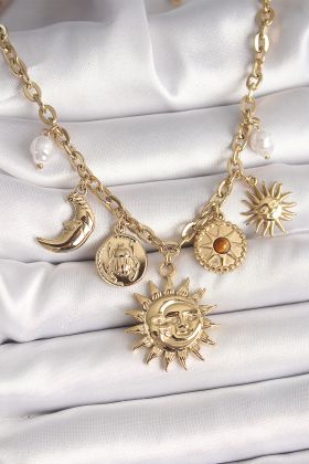 316L Çelik Gold Renk Ay Güneş Model İnci Detay Kadın Kadın Kolye - TJ-BKO9911