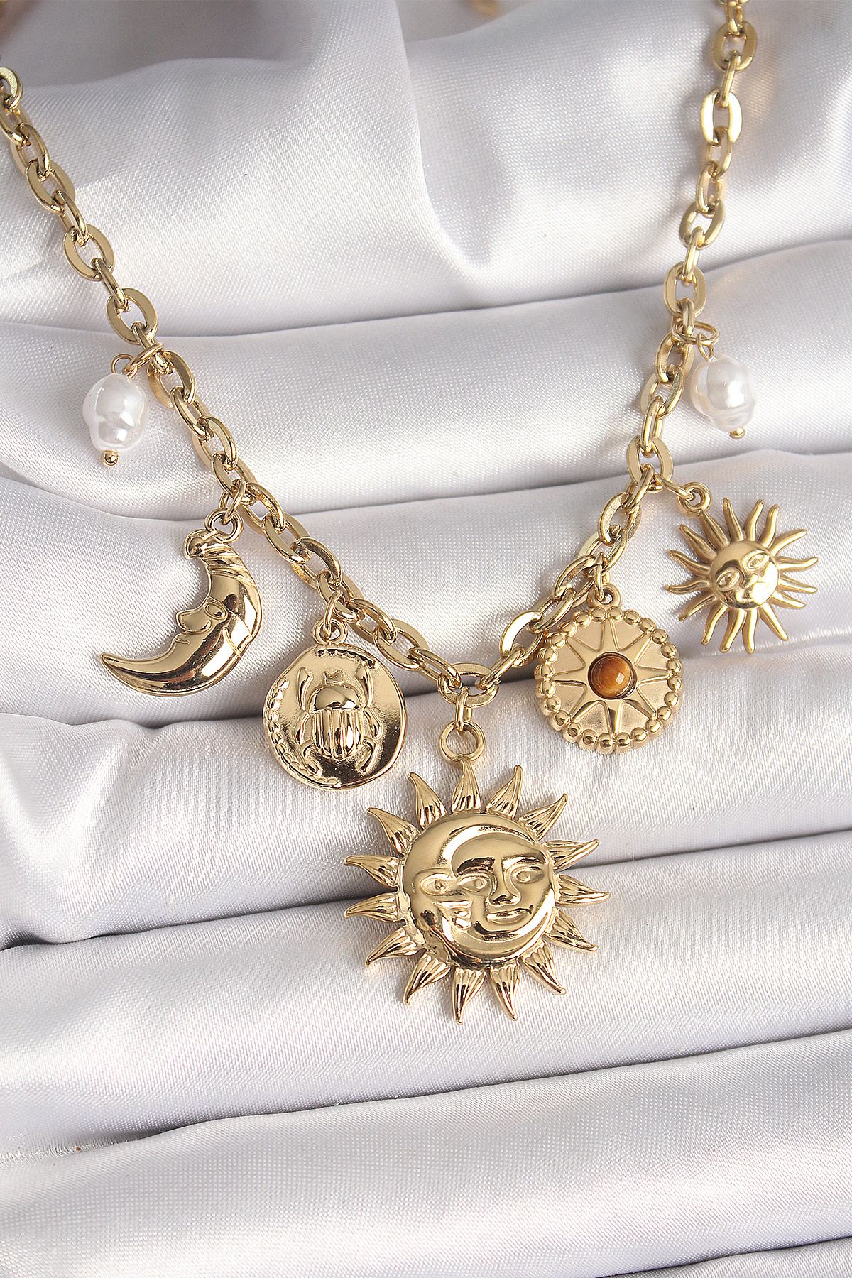 316L Çelik Gold Renk Ay Güneş Model İnci Detay Kadın Kadın Kolye - TJ-BKO9911