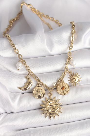 316L Çelik Gold Renk Ay Güneş Model İnci Detay Kadın Kadın Kolye - TJ-BKO9911