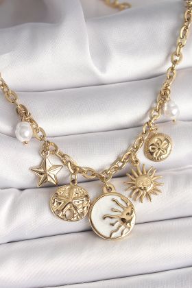 316L Çelik Gold Renk Beyaz Mineli Gün Batımı Figür Yıldız Güneş Detay Kadın Kolye - TJ-BKO9912