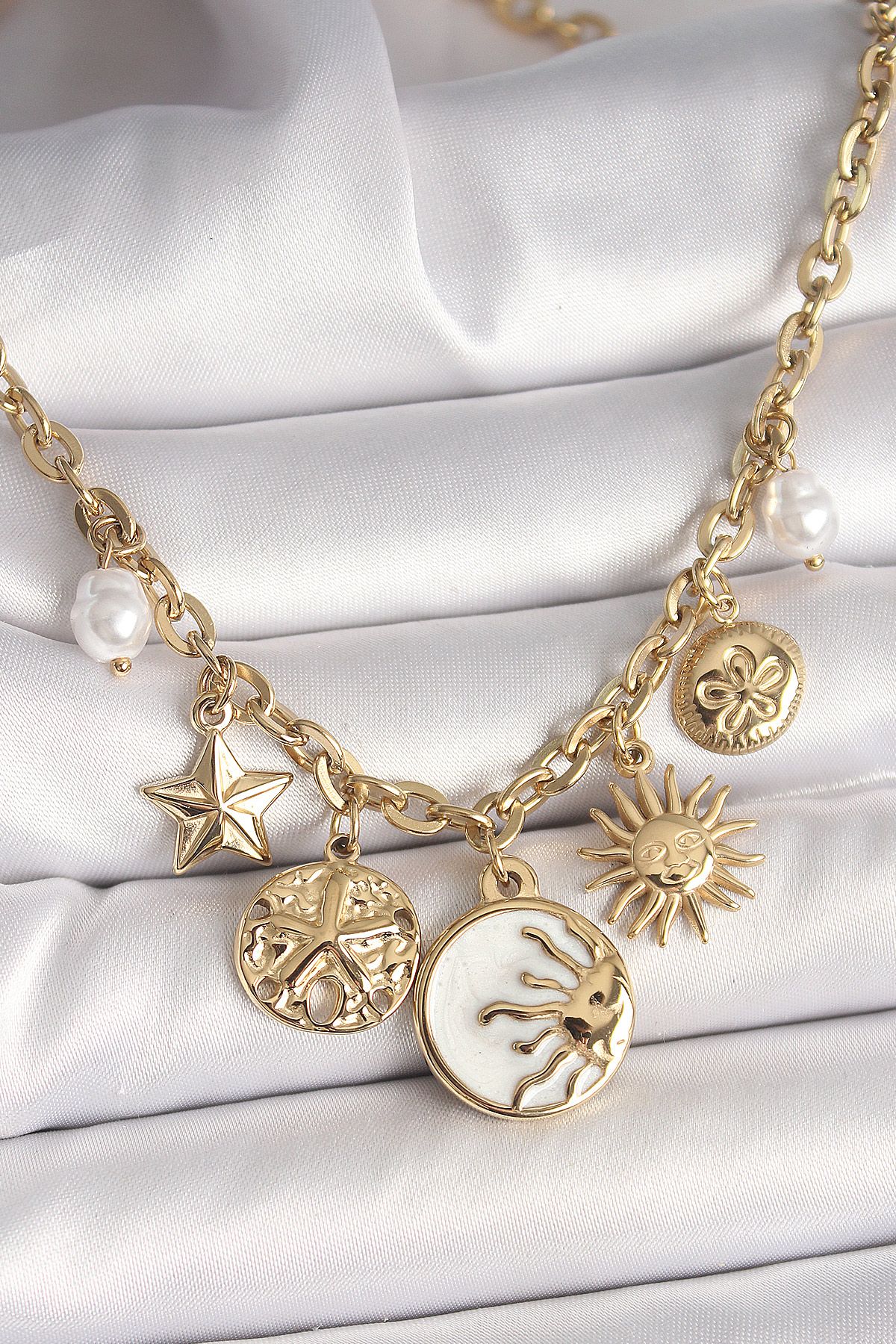 316L Çelik Gold Renk Beyaz Mineli Gün Batımı Figür Yıldız Güneş Detay Kadın Kolye - TJ-BKO9912