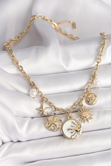 316L Çelik Gold Renk Beyaz Mineli Gün Batımı Figür Yıldız Güneş Detay Kadın Kolye - TJ-BKO9912