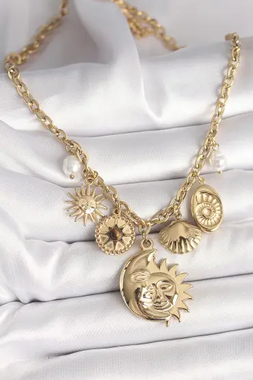 316L Çelik Gold Renk Ay Güneş Figür Deniz Kabuğu Detay Kadın Kolye - TJ-BKO9913
