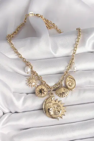 316L Çelik Gold Renk Ay Güneş Figür Deniz Kabuğu Detay Kadın Kolye - TJ-BKO9913