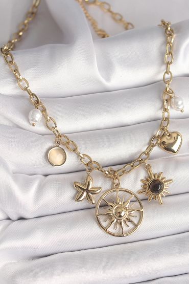 316L Çelik Gold Renk Güneş Model Siyah Mineli Güneş Detay Kadın Kolye - TJ-BKO9914