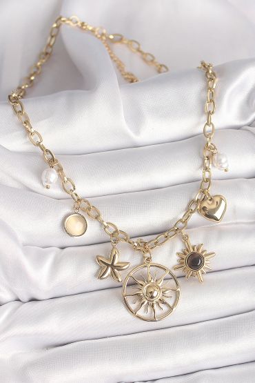 316L Çelik Gold Renk Güneş Model Siyah Mineli Güneş Detay Kadın Kolye - TJ-BKO9914