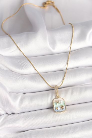 316L Çelik Gold Renk Zirkon Taşlı Mavi Deniz Kabuğu Yıldızı İşlemeli Portre Model Kadın Kolye - TJ-BKO9916