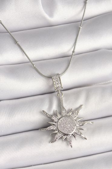 316L Çelik Gümüş Renk Zirkon Taşlı Sallantı Güneş Model Topçuk Zincir Kadın Kolye - TJ-BKO9917