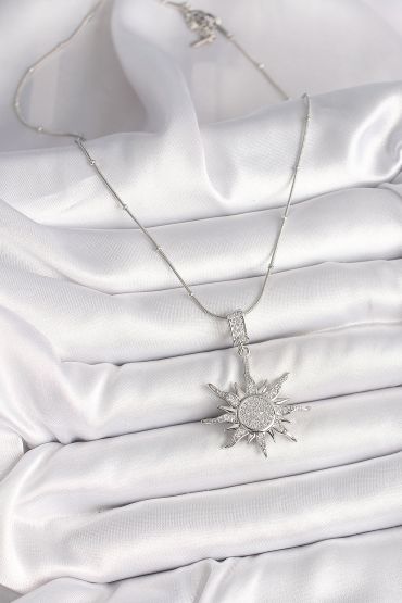 316L Çelik Gümüş Renk Zirkon Taşlı Sallantı Güneş Model Topçuk Zincir Kadın Kolye - TJ-BKO9917