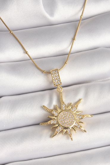 316L Çelik Gold Renk Zirkon Taşlı Sallantı Güneş Model Topçuk Detay Kadın Kolye - TJ-BKO9918