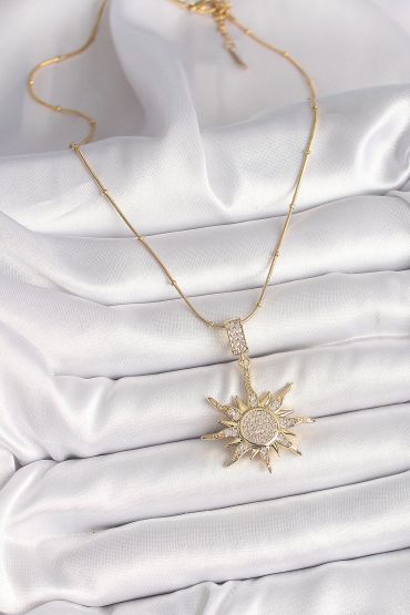 316L Çelik Gold Renk Zirkon Taşlı Sallantı Güneş Model Topçuk Detay Kadın Kolye - TJ-BKO9918