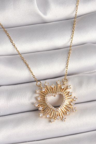 316L Çelik Gold Renk Zirkon Taşlı Kalp Model Kadın Kolye - TJ-BKO9920