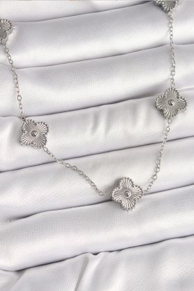 316L Çelik Gümüş Renk Zincir İşlemeli Yonca Model Kadın Kolye - TJ-BKO9923