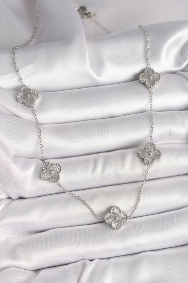 316L Çelik Gümüş Renk Zincir İşlemeli Yonca Model Kadın Kolye - TJ-BKO9923
