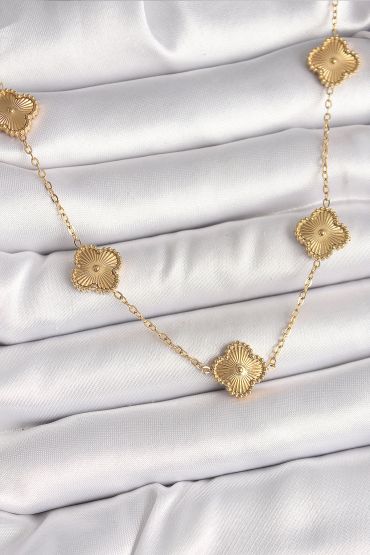 316L Çelik Gold Renk Zincir İşlemeli Yonca Model Kadın Kolye - TJ-BKO9924