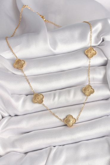 316L Çelik Gold Renk Zincir İşlemeli Yonca Model Kadın Kolye - TJ-BKO9924