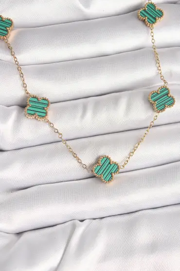 316L Çelik Gold Renk Zincir Yeşil Yonca Model Kadın Kolye - TJ-BKO9925