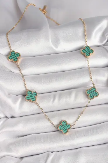 316L Çelik Gold Renk Zincir Yeşil Yonca Model Kadın Kolye - TJ-BKO9925