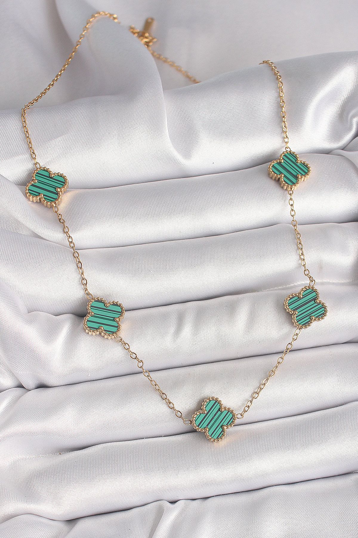 316L Çelik Gold Renk Zincir Yeşil Yonca Model Kadın Kolye - TJ-BKO9925