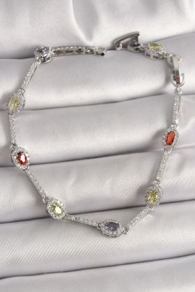 Pirinç Gümüş Renk Renkli Zirkon Taşlı Damla Taş Model Kadın Bileklik - TJ-BB6873