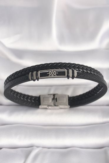 316L Çelik Gümüş Renk Gemi Dümeni Figür Siyah Burgu Deri Kordon Model Erkek Bileklik - TJ-EB3701