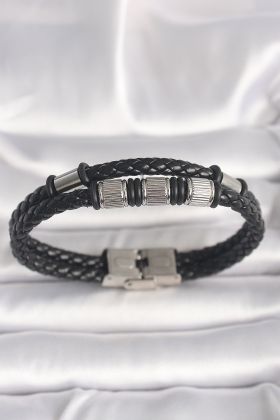 316L Çelik Gümüş Renk Aksesuarlı Siyah Burgu Deri Kordon Model Erkek Bileklik - TJ-EB3702