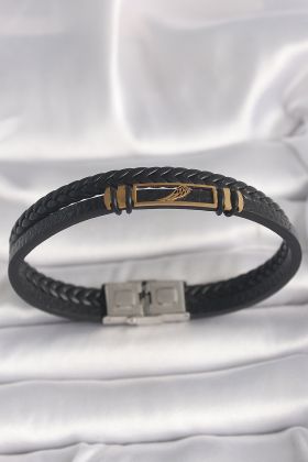 316L Çelik Gold Renk Kanat Aksesuarlı Siyah Burgu Model Deri Kordon Erkek Bileklik - TJ-EB3703