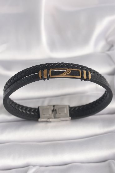 316L Çelik Gold Renk Kanat Aksesuarlı Siyah Burgu Model Deri Kordon Erkek Bileklik - TJ-EB3703