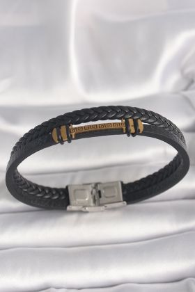 316L Çelik Gümüş Renk Aksesuarlı Çift Sıra Siyah Burgu Desen Deri Kordon Erkek Bileklik - TJ-EB3704