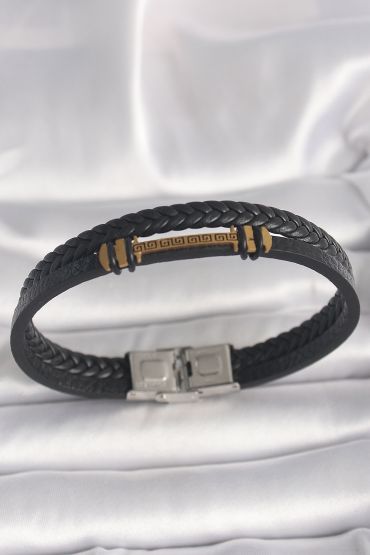 316L Çelik Gold Renk ZikZak İşlemeli Aksesuarlı Çift Sıra Burgu Desenli Deri Kordon Erkek Bileklik - TJ-EB3705