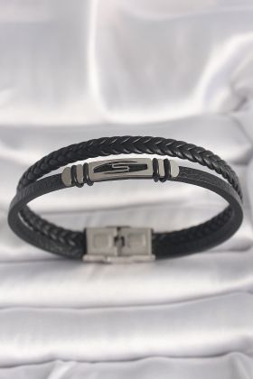 316L Çelik Gümüş Renk Aksesuarlı Çift Sıra Siyah Burgu Desenli Deri Kordon Erkek Bileklik - TJ-EB3707