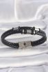 316L Çelik Gümüş Renk Aksesuarlu Çift Sıra Siyah Burgu Desenli Deri Kordon Erkek Bileklik - TJ-EB3709