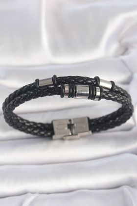 316L Çelik Gümüş Renk Aksesuarlu Çift Sıra Siyah Burgu Desenli Deri Kordon Erkek Bileklik - TJ-EB3709