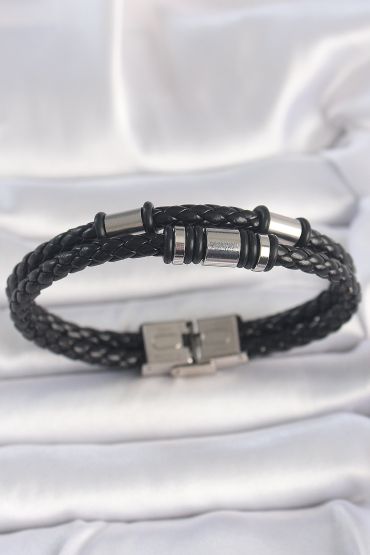 316L Çelik Gümüş Renk Aksesuarlu Çift Sıra Siyah Burgu Desenli Deri Kordon Erkek Bileklik - TJ-EB3709
