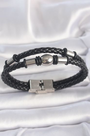 316L Çelik Gümüş Renk Aksesuarlı Çift Sıra Burgu Desenli Deri Kordon Erkek Bileklik - TJ-EB3712