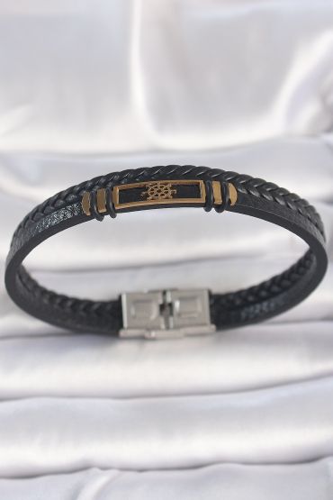 316L Çelik Gold Renk Gemi Dümeni Aksesuarlı Çift Sıra Burgu Desenli Deri Kordon Erkek Bileklik - TJ-EB3713