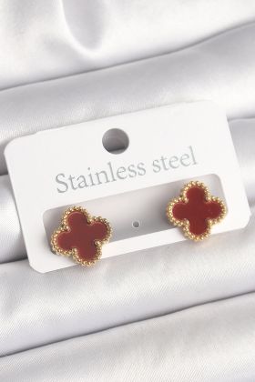 Pirinç Gold Renk Bordo Yonca Model Kadın Küpe - TJ-BKP10360