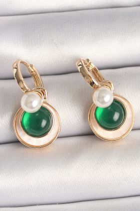 Pirinç Gold Renk Beyaz Yeşil Sallantı Mineli Kadın Küpe - TJ-BKP10363