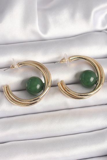 Pirinç Gold Renk Halka Model Yeşil Boncuk Detay Kadın Küpe - TJ-BKP10365