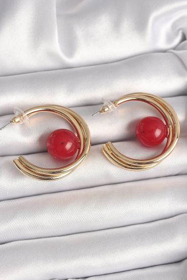 Pirinç Gold Renk Halka Model Kırmızı Boncuk Detay Kadın Küpe - TJ-BKP10366