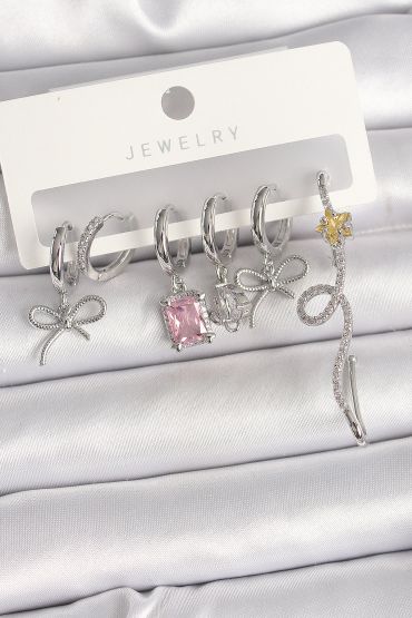Pirinç Gümüş Renk Sallantı Kurdele Kuyruklu Yıldız Figür Pembe Kare Zirkon Taş Detay Kadın Küpe Seti - TJ-BKP10368